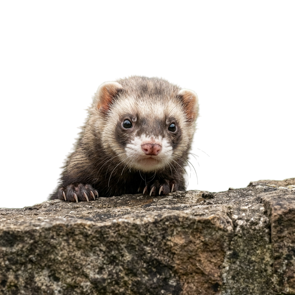A ferret with light brown and white fur peeking out from behind a rock.