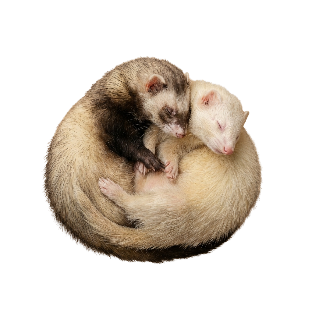 Two ferrets curled up together in a warm, embracing position.