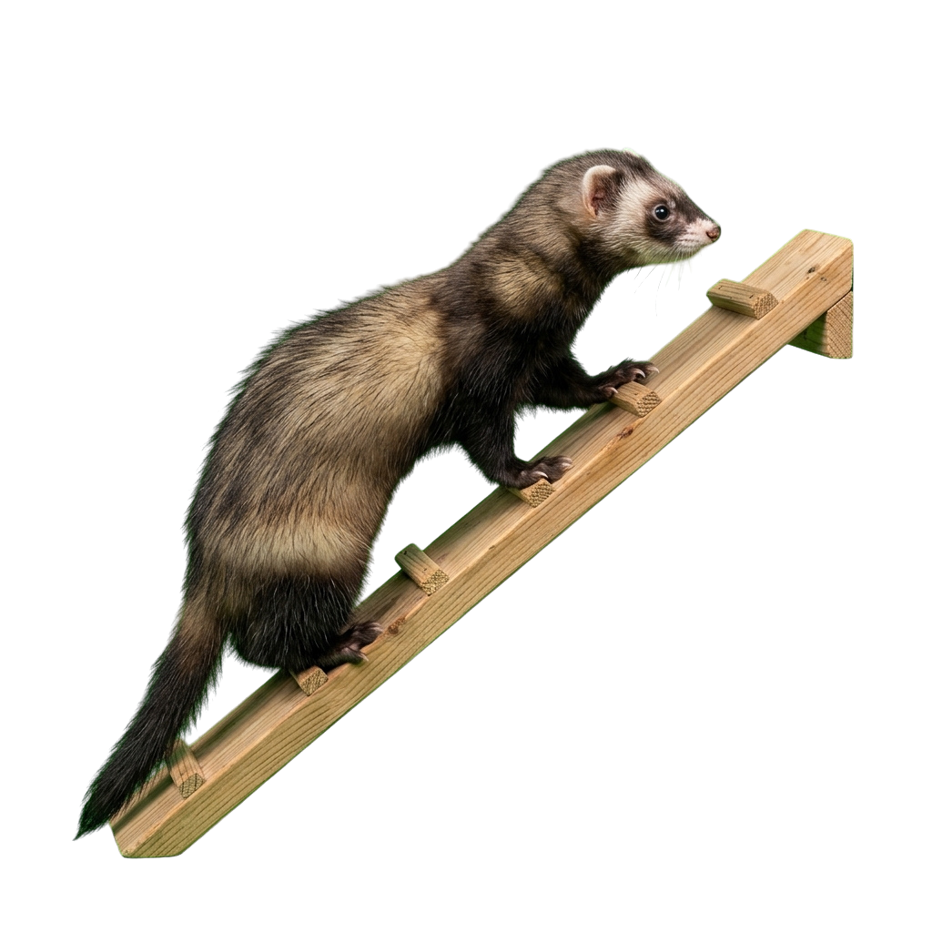 A ferret climbing up a wooden ladder with horizontal rungs