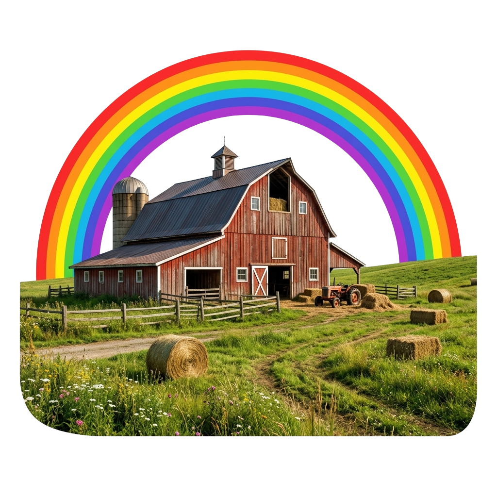 A vibrant rainbow arches over a rustic wooden barn surrounded by green fields and hay bales.