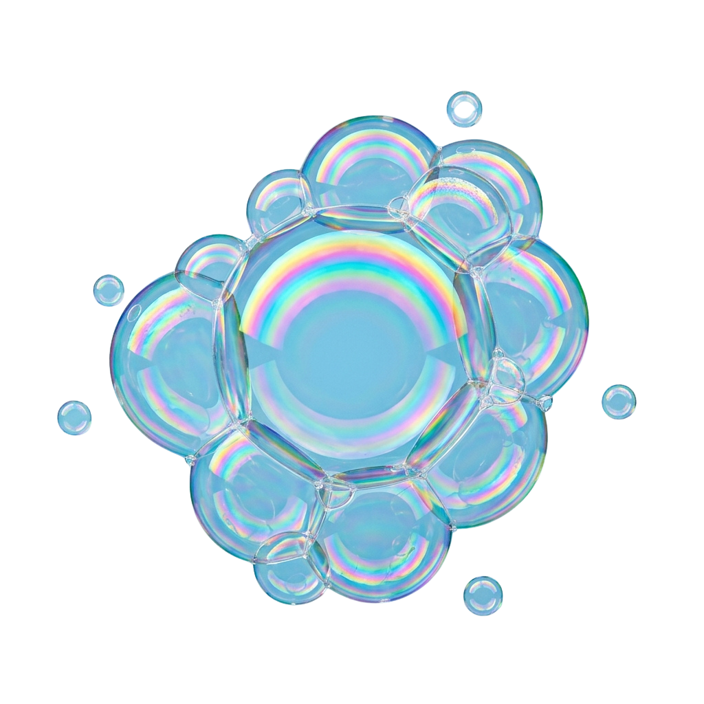 A cluster of iridescent soap bubbles in various sizes connected together against a black background