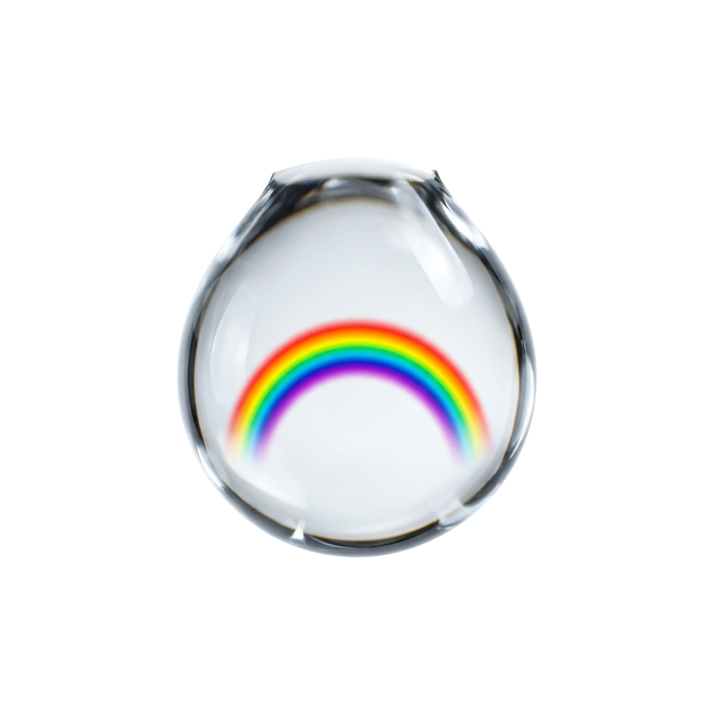 A transparent glass object showing a rainbow arc inside it against a black background
