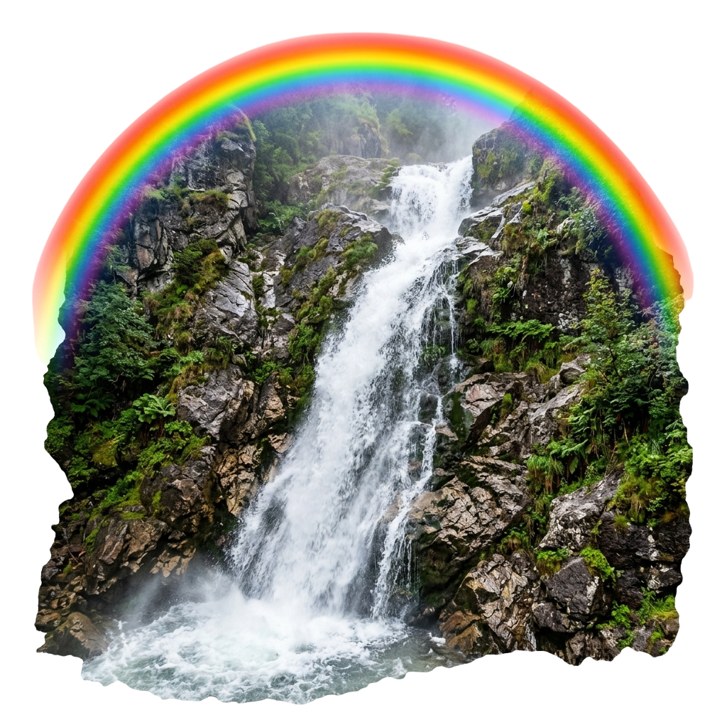 A picturesque waterfall cascading down rocky cliffs with a vibrant rainbow arching above it in a green forest setting