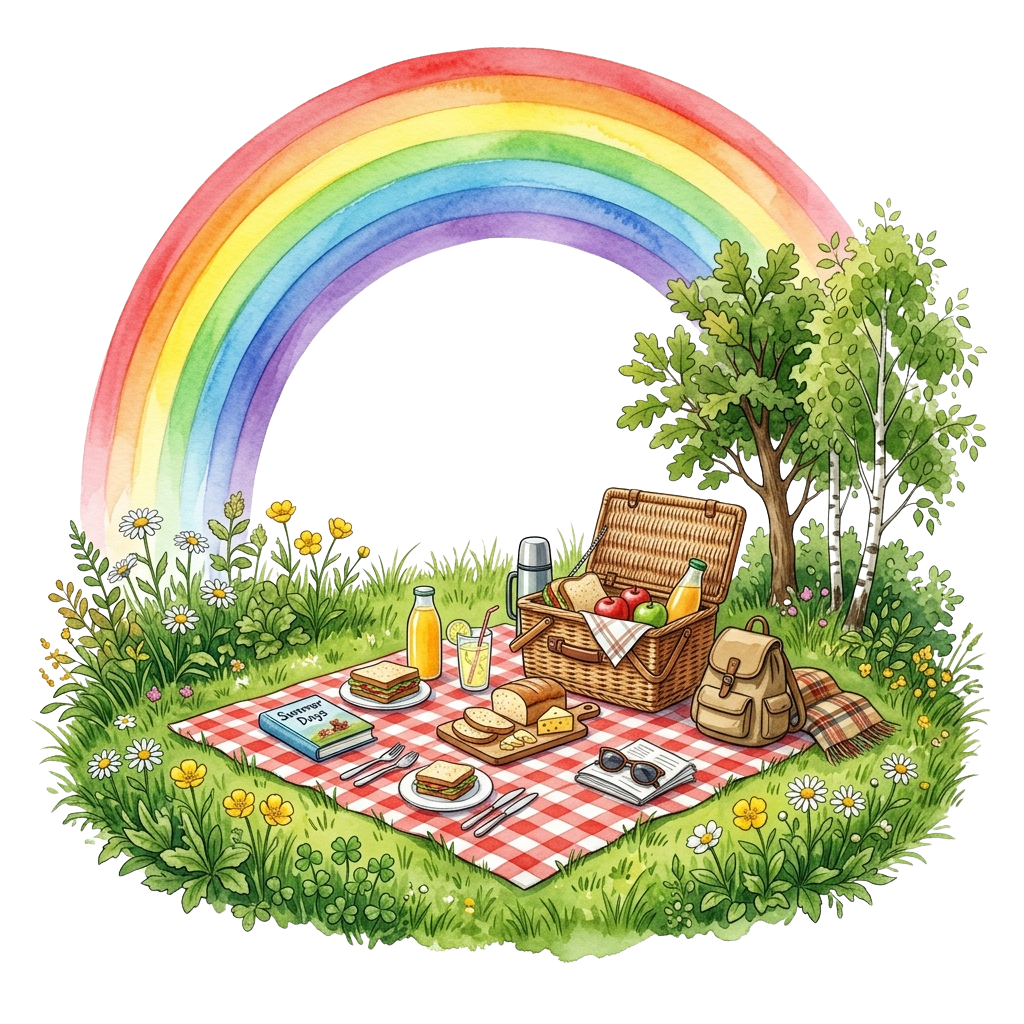 A cheerful picnic setup with food, drinks, and a basket under a vibrant rainbow in a lush green meadow with flowers