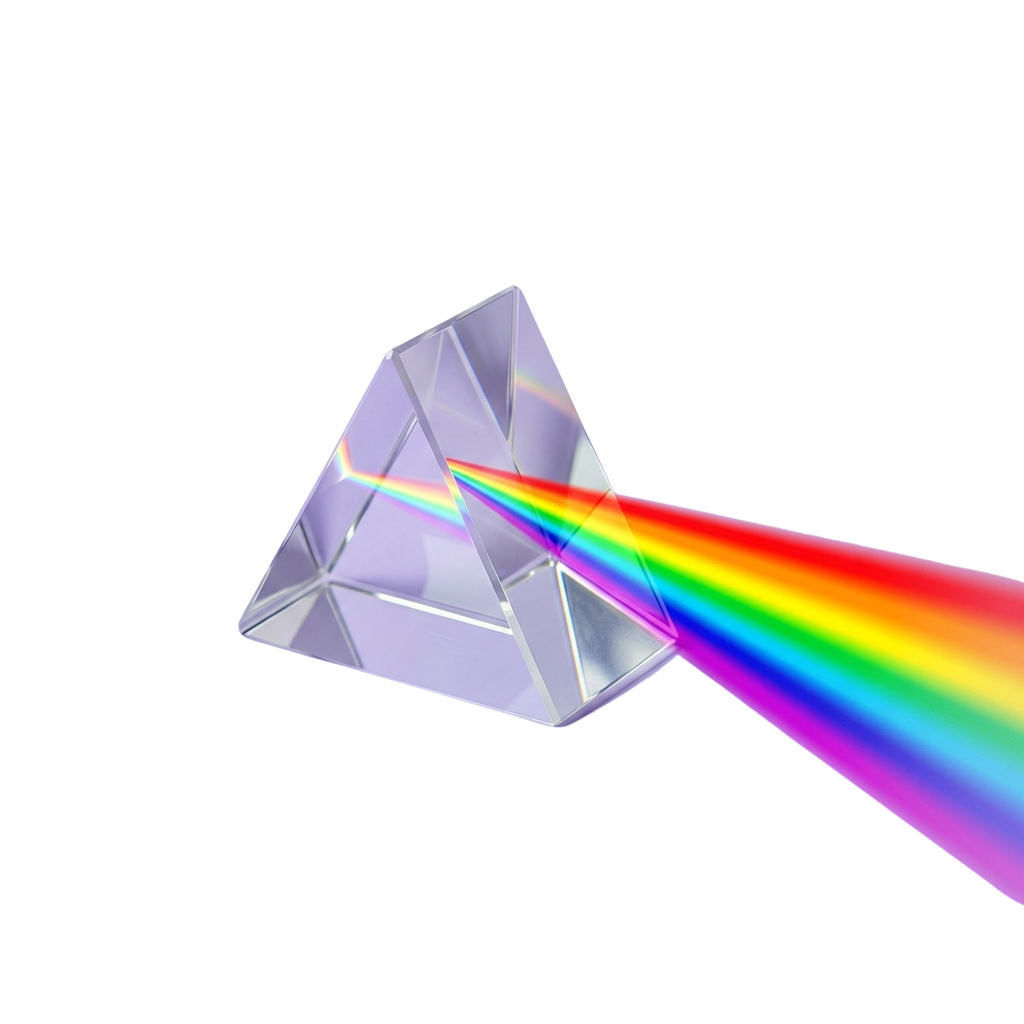 A triangular prism refracting white light into a rainbow spectrum of colors