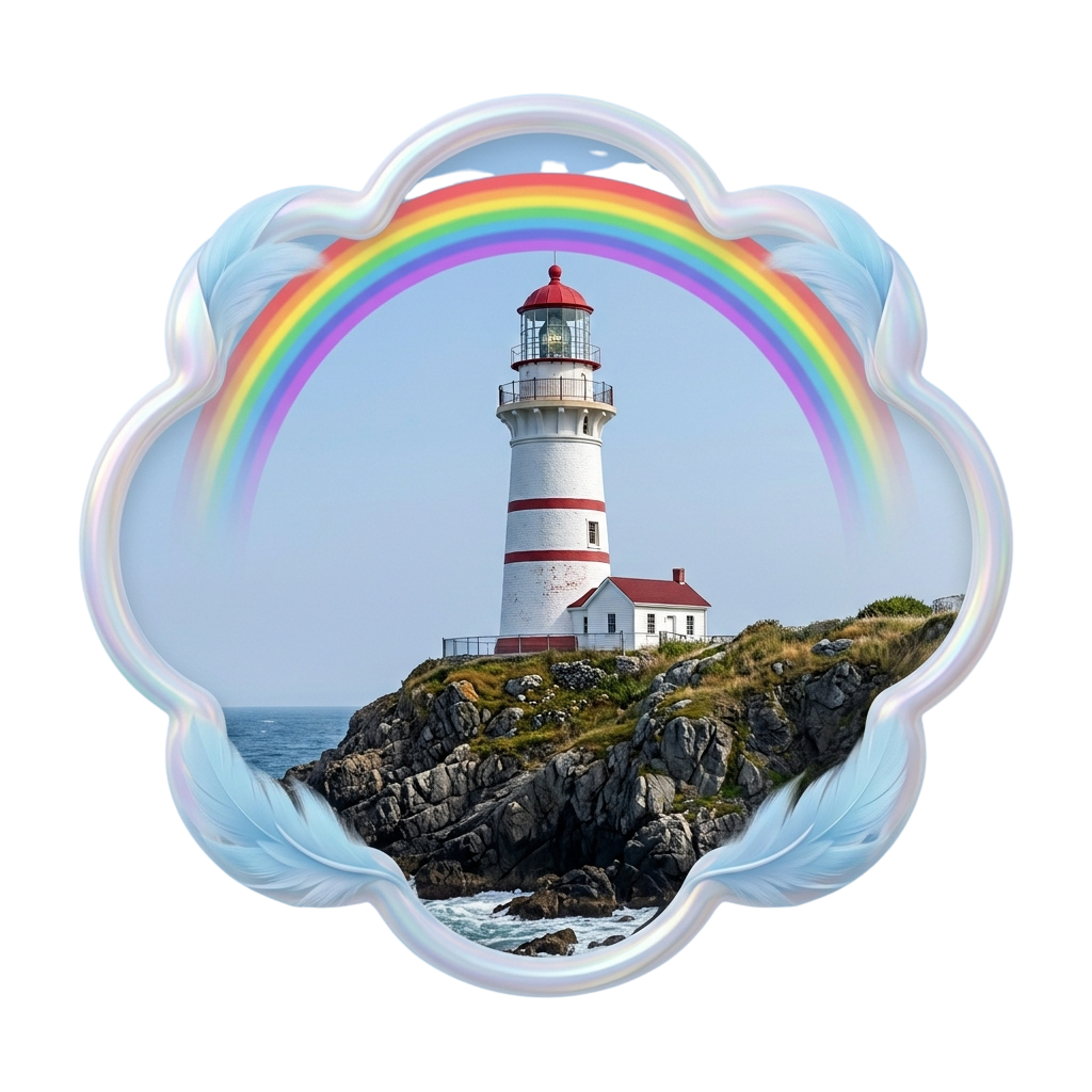 A lighthouse on rocky cliffs with a vibrant rainbow arching in the background under a clear sky