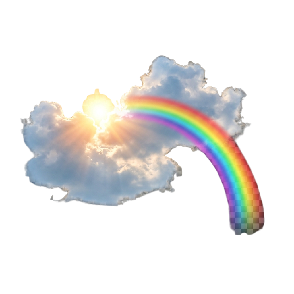 A vibrant rainbow arching gracefully over a bright, fluffy white cloud with sunlight peeking through