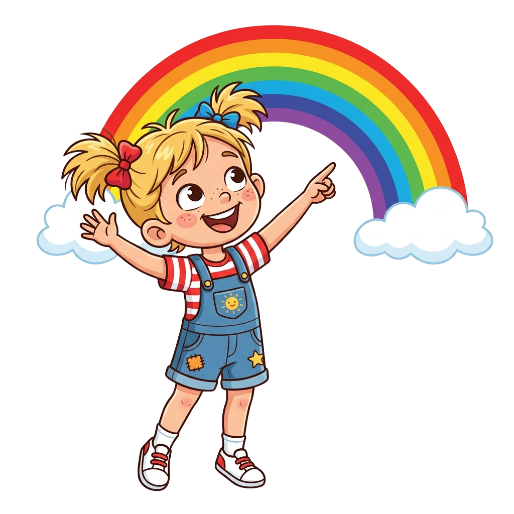 A cheerful cartoon girl with blonde pigtails pointing at a rainbow in a sky with fluffy clouds