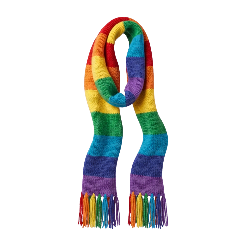A knitted rainbow scarf with six distinct colors and tassels at both ends