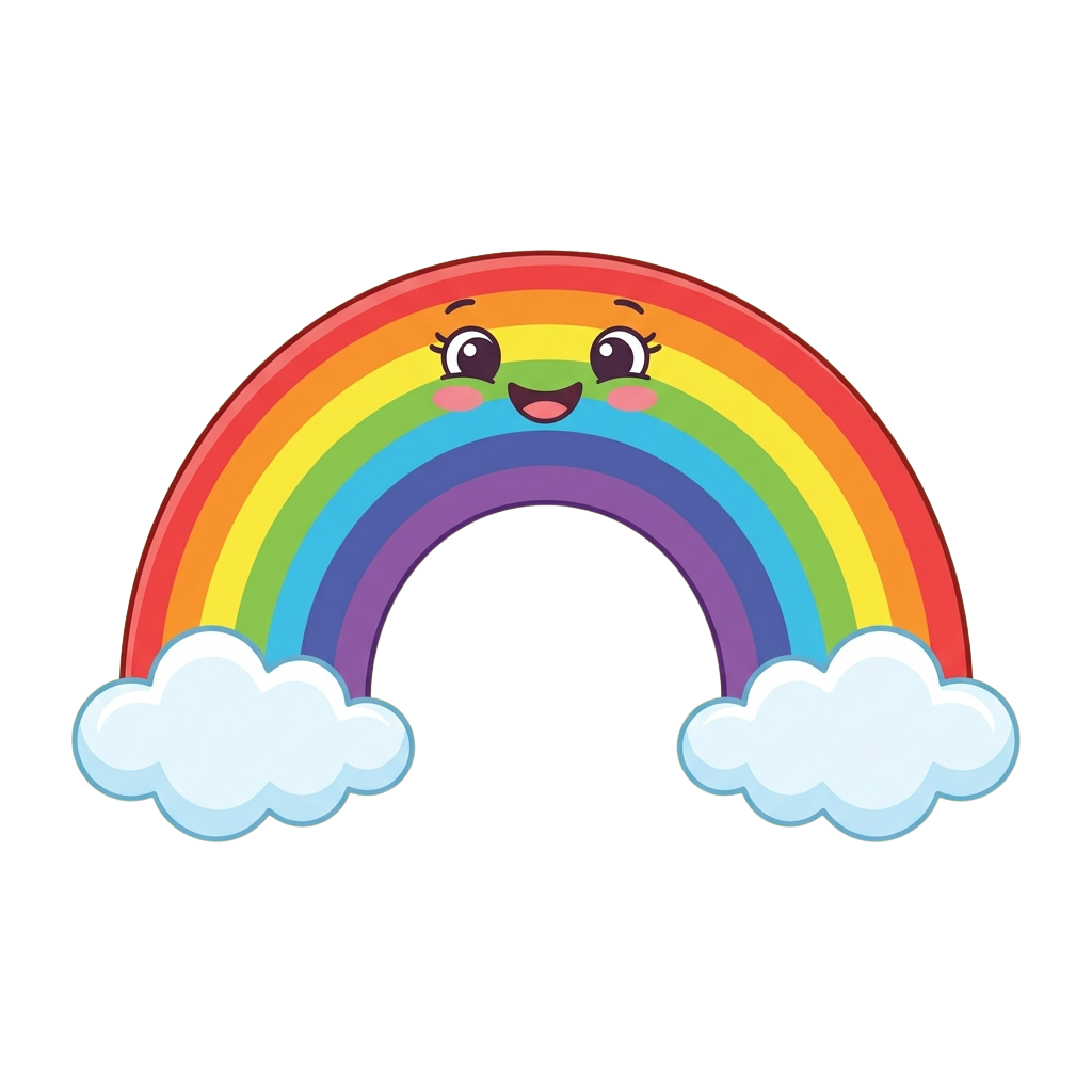 A smiling rainbow arching between two fluffy clouds on a black background