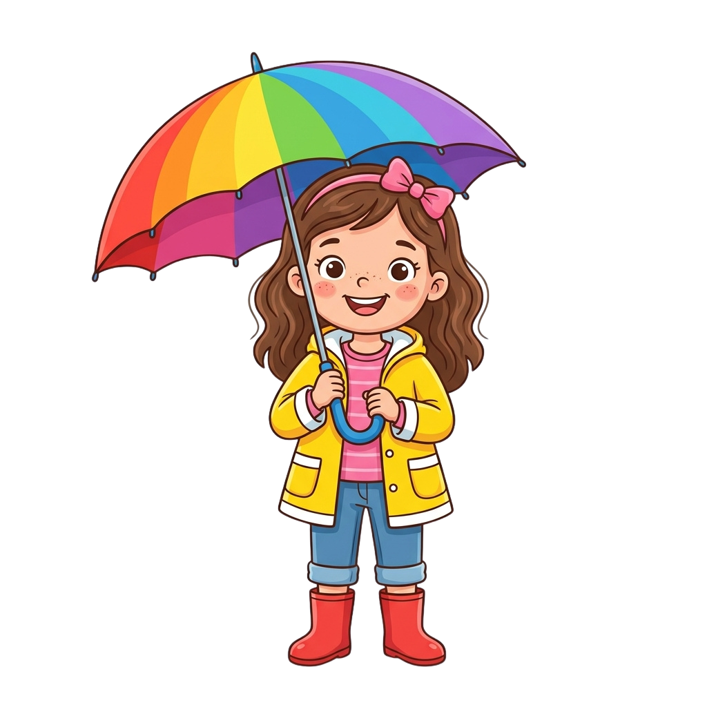 Smiling child in yellow raincoat and blue pants holding a rainbow-colored umbrella, wearing red boots