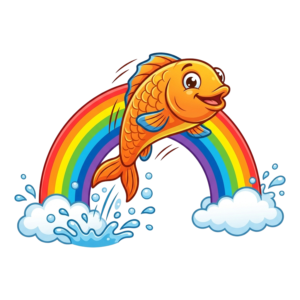 A cheerful cartoon fish swimming through a vibrant rainbow arch with water splashes around it