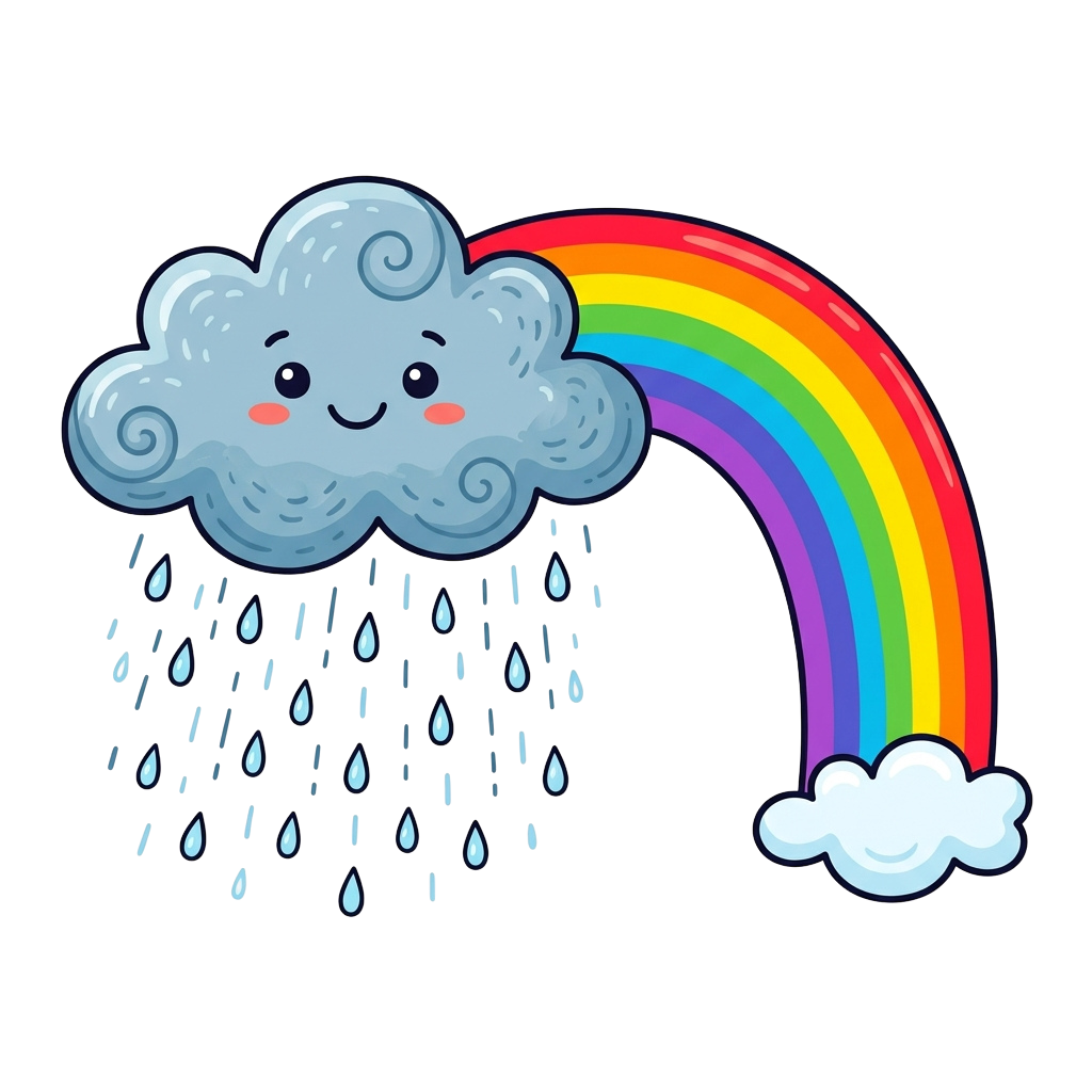 A smiling cartoon cloud raining with a rainbow arching beside it