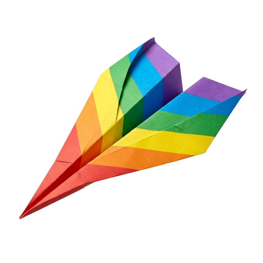 A paper airplane with wings made of rainbow-colored paper strips