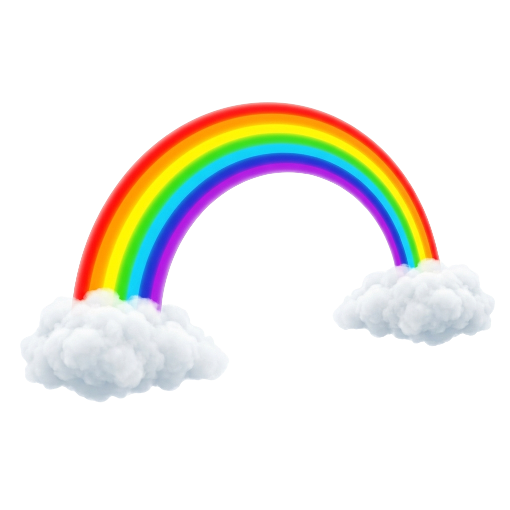 A vibrant rainbow arching between two white clouds on a black background