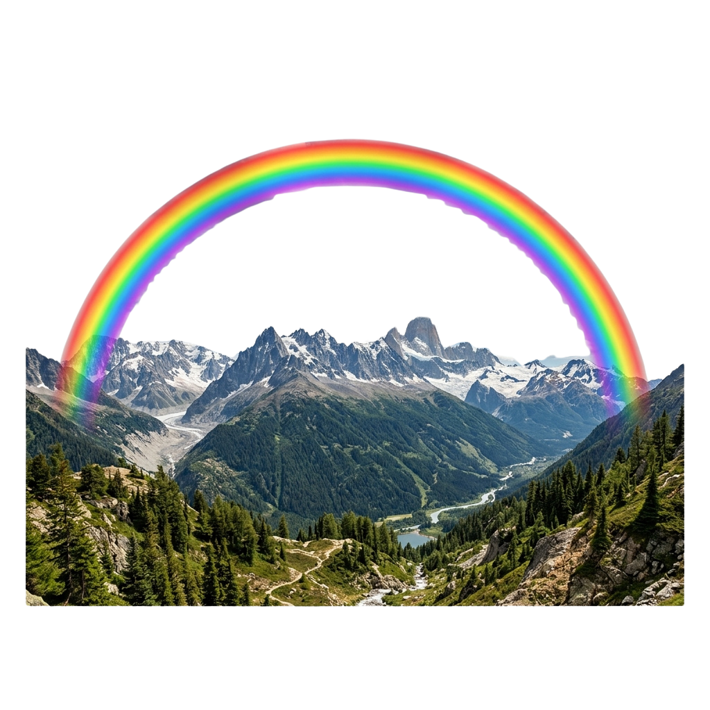 A vibrant rainbow arches over snow-capped mountains and a lush green forest valley.