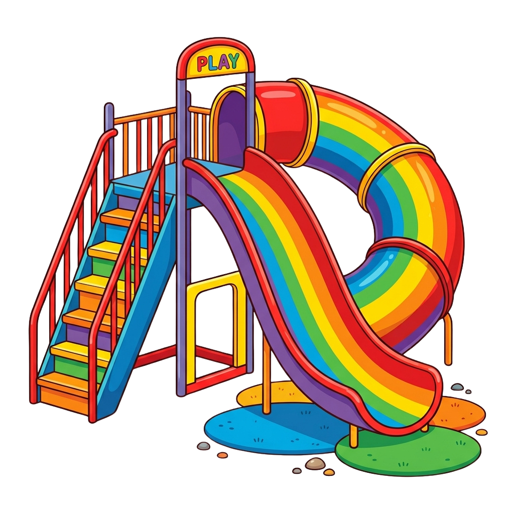 A vibrant playground structure with a rainbow slide and blue stairs labeled Play