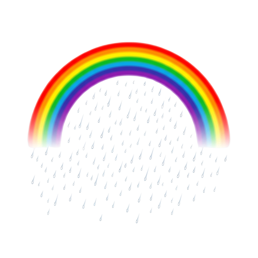 A vibrant rainbow arching over falling rain droplets against a dark background