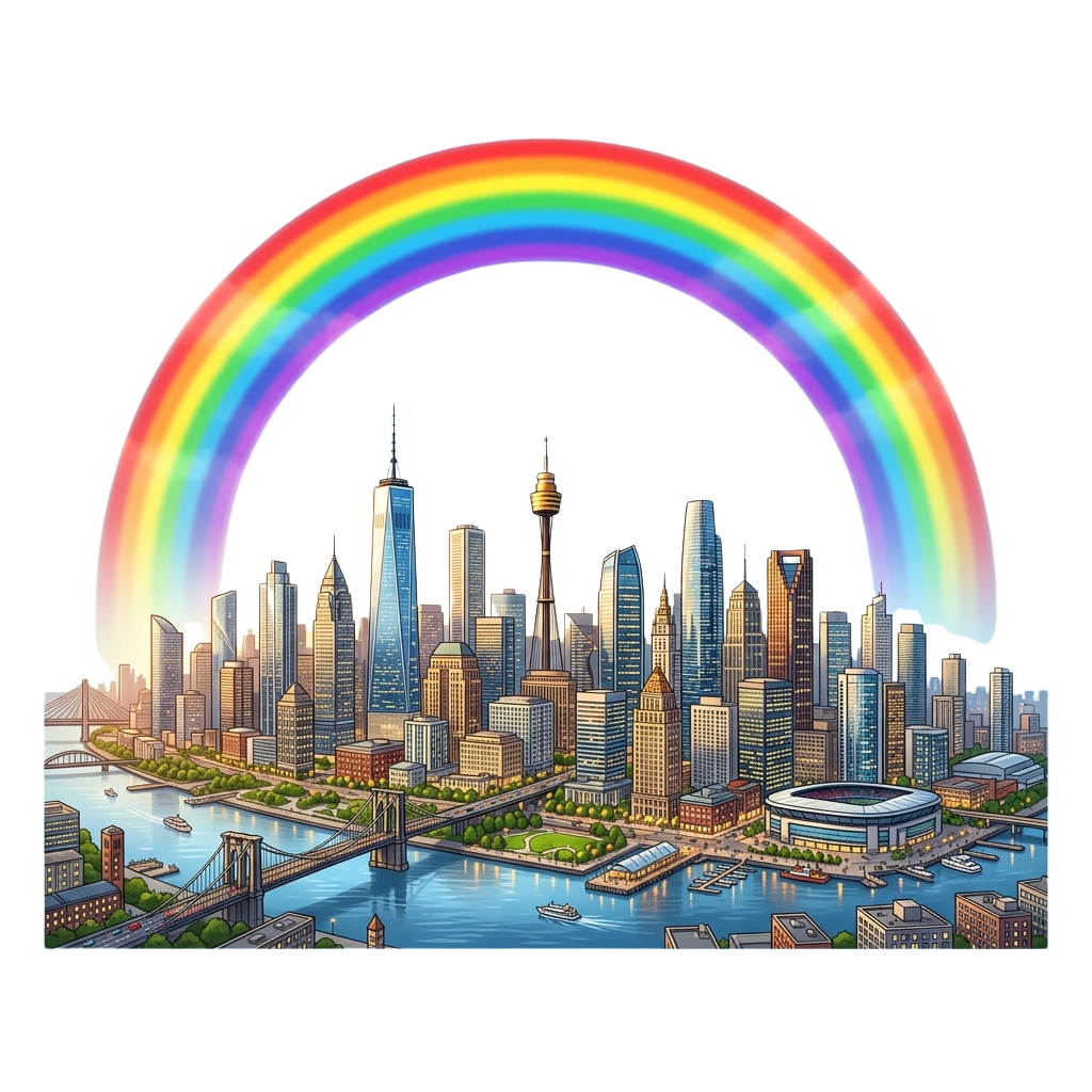 Illustration of a colorful city skyline with a large rainbow arching over the buildings and river