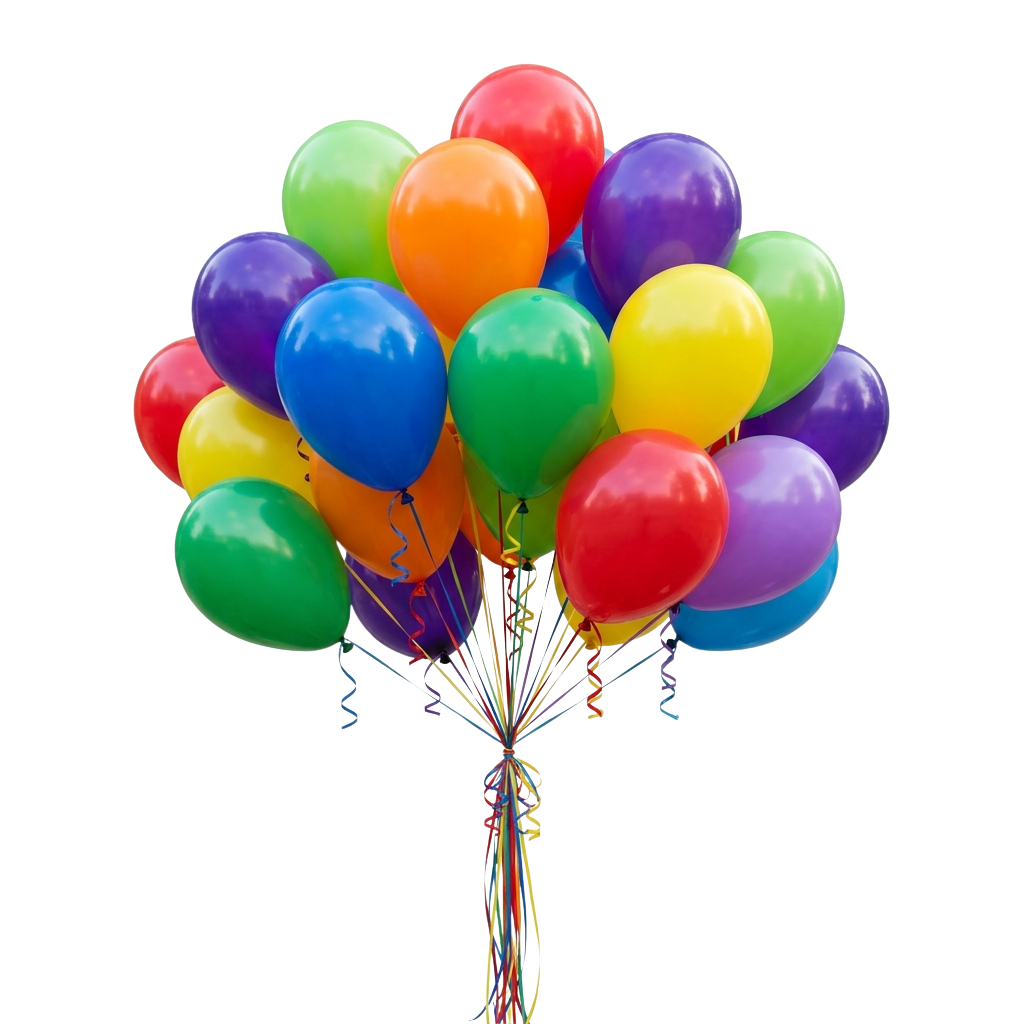 A vibrant cluster of multicolored balloons tied together with ribbons