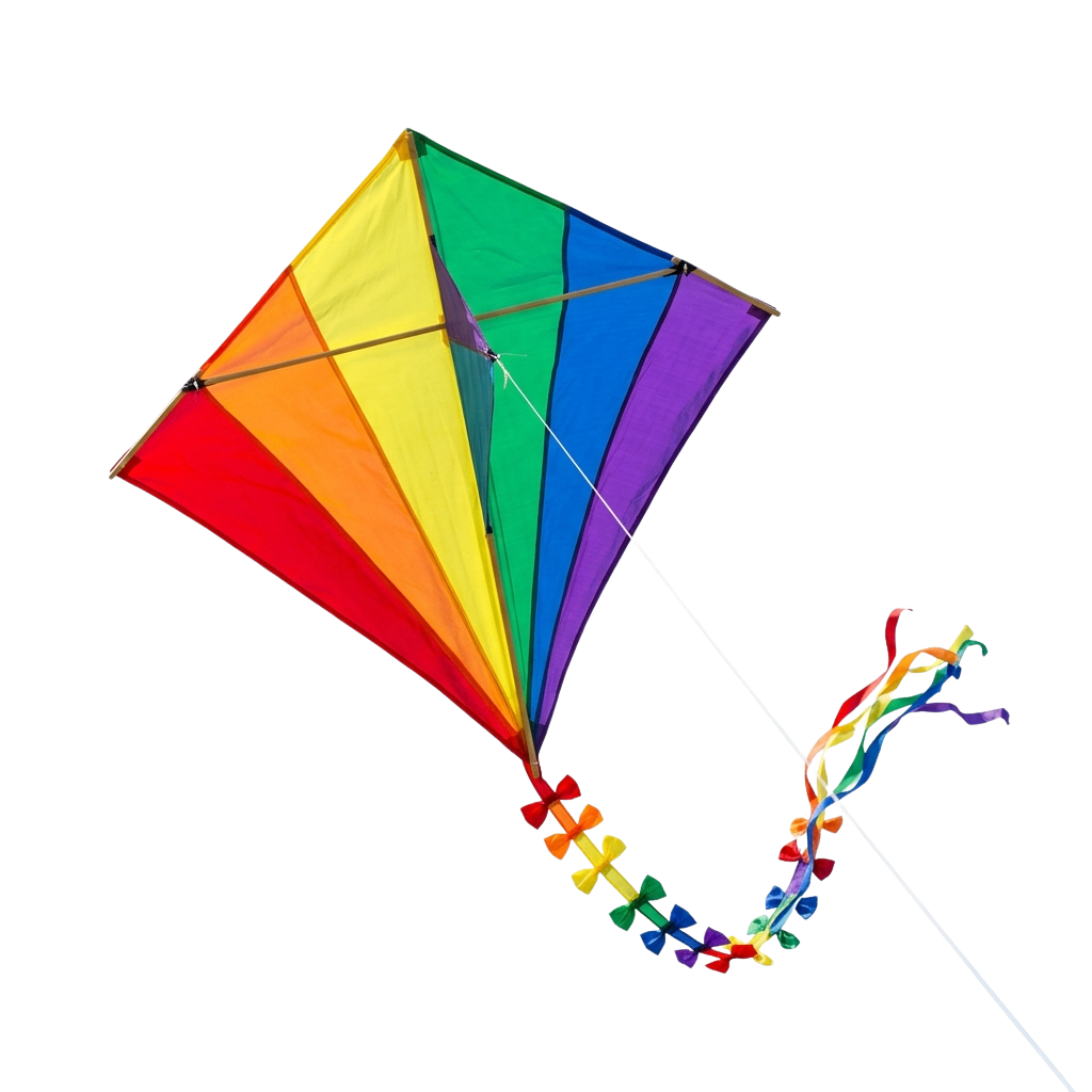 A vibrant diamond-shaped kite with red, orange, yellow, green, blue, and purple sections flying against a dark background with colorful streamers attached.