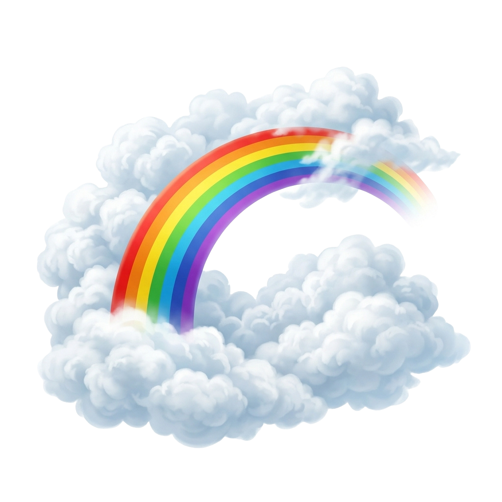 A vibrant rainbow arching out of a large, soft white cloud against a black background