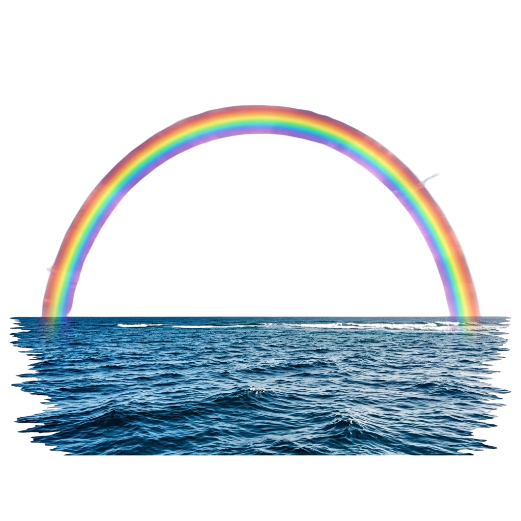 A colorful rainbow arching over a body of water with gentle waves.