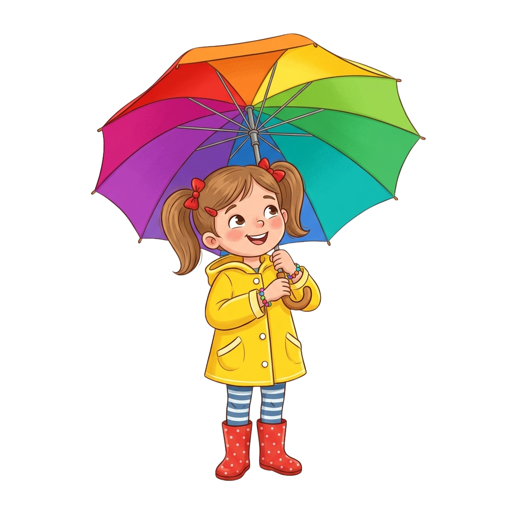 A smiling child in a yellow raincoat and red boots holds a rainbow-colored umbrella.