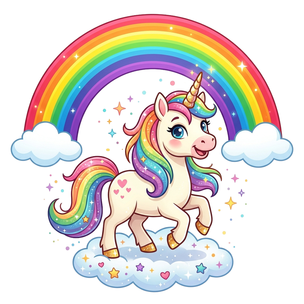 A cheerful cartoon unicorn standing on a fluffy cloud with a rainbow arching above it