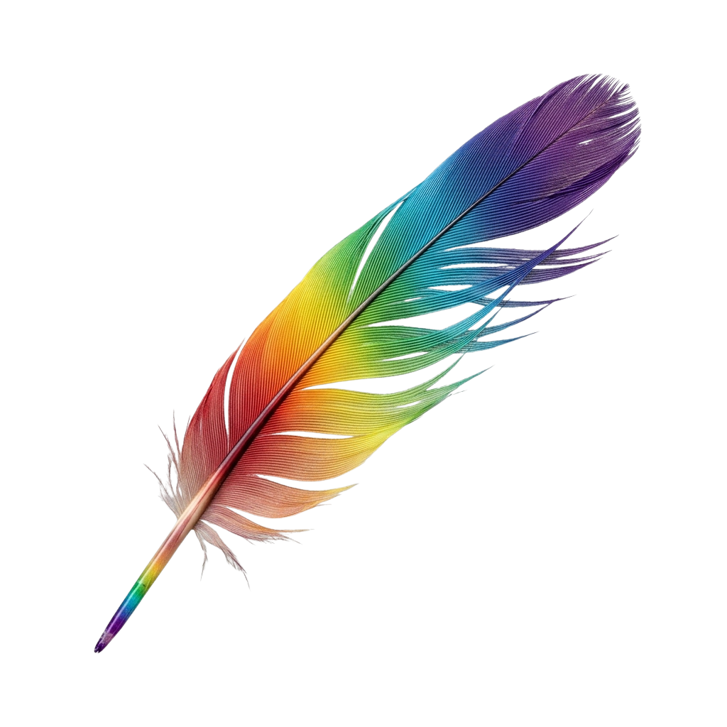 A colorful feather with iridescent hues of red, orange, yellow, green, blue, and purple against a black background