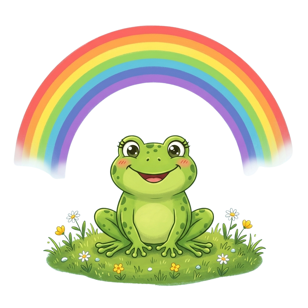 A cheerful green frog sitting on grass beneath a vibrant rainbow