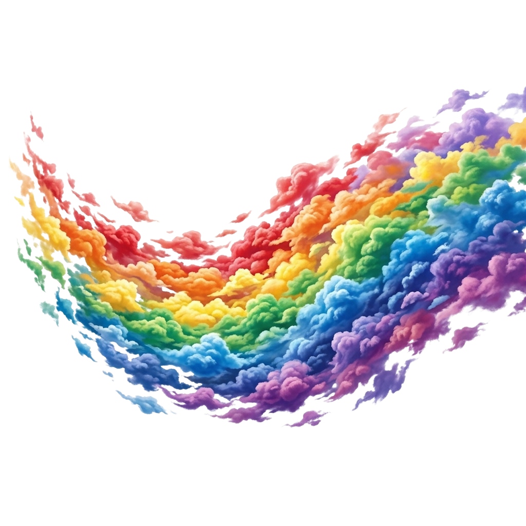A colorful heart shape made of fluffy rainbow clouds against a black background