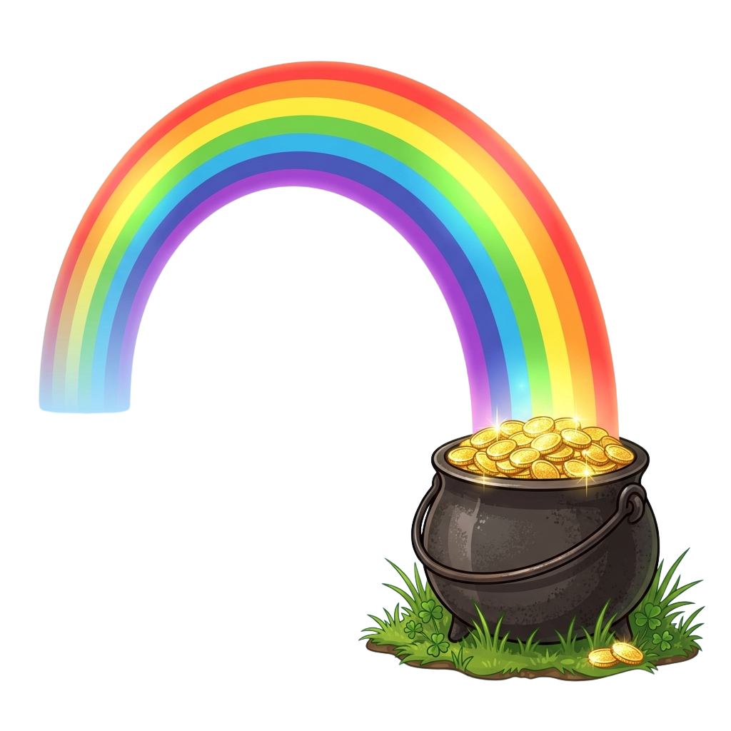 A colorful rainbow arching over a pot filled with gold coins on green grass