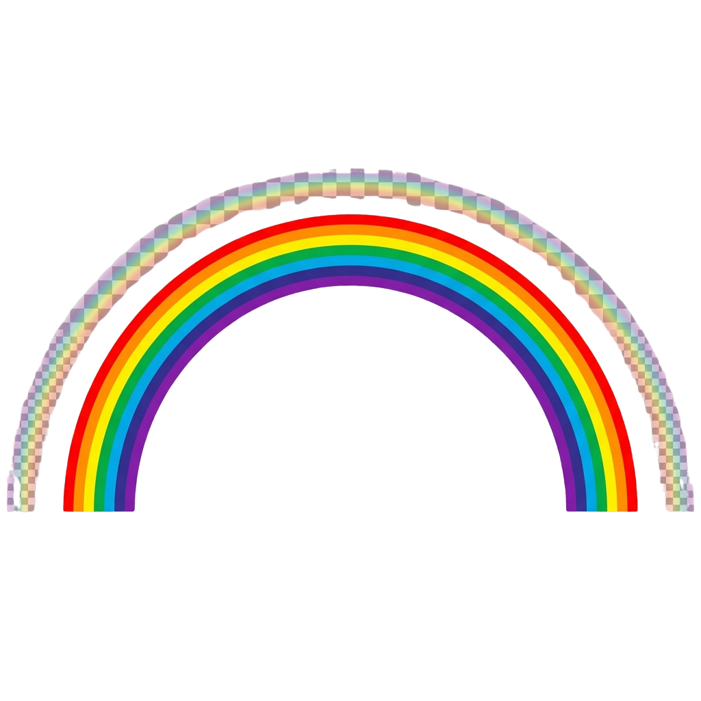 A pixelated rainbow arch made of small square blocks in vibrant colors against a black background