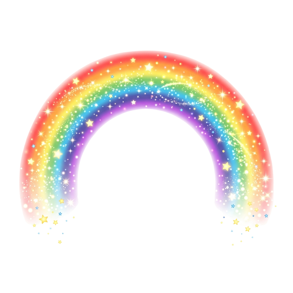A vibrant rainbow arch filled with twinkling star sparkles against a black background