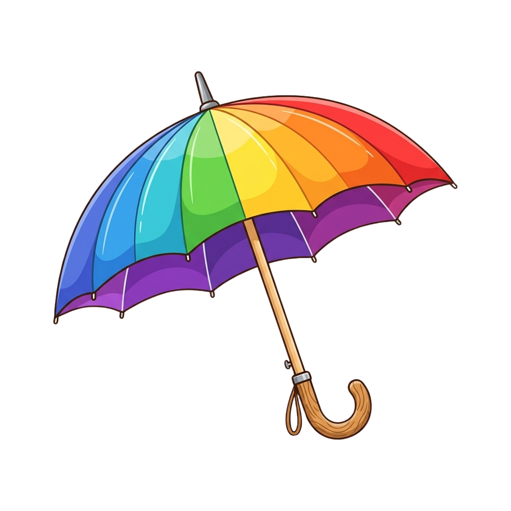 A stylized umbrella with a multicolored rainbow canopy and a light brown handle