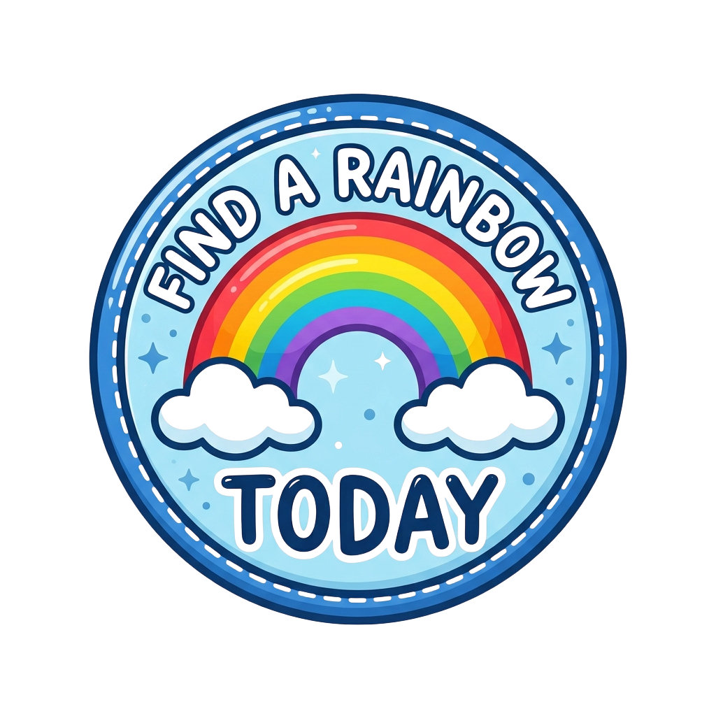 Circular sticker with rainbow and clouds, text reads Find a Rainbow Today