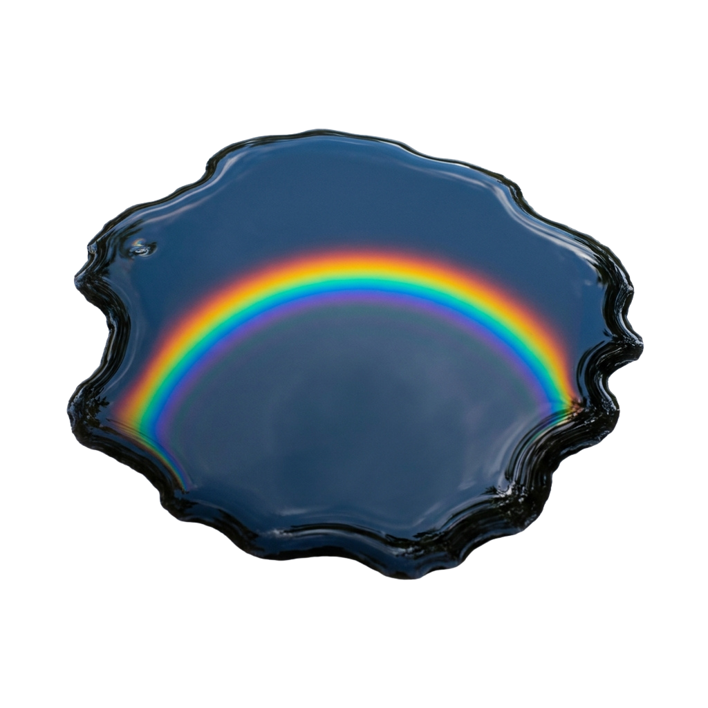 A scalloped glass plate displaying a rainbow refraction effect on its surface