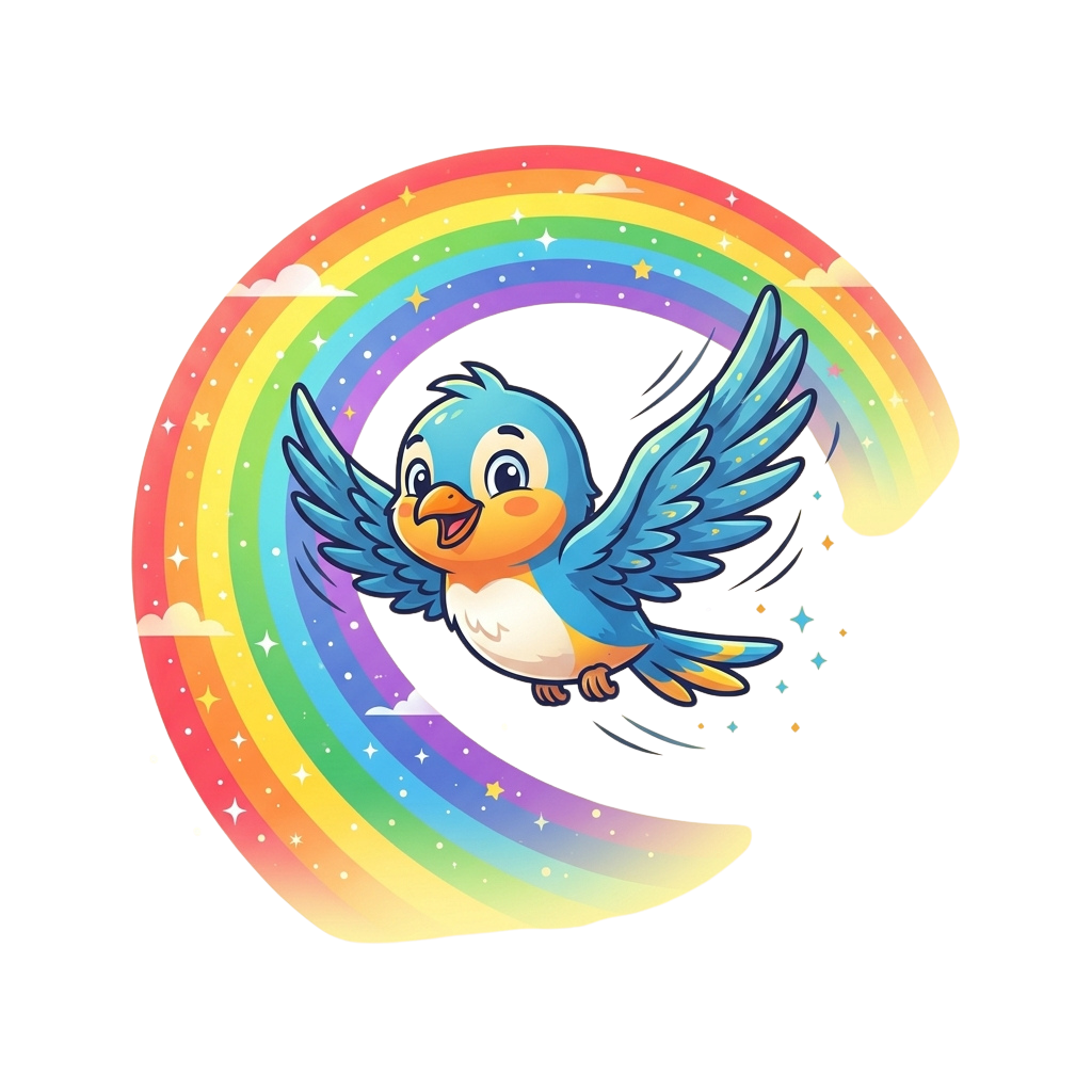 A cheerful cartoon bird with blue and orange feathers flying through a vibrant rainbow arch with twinkling stars and small clouds