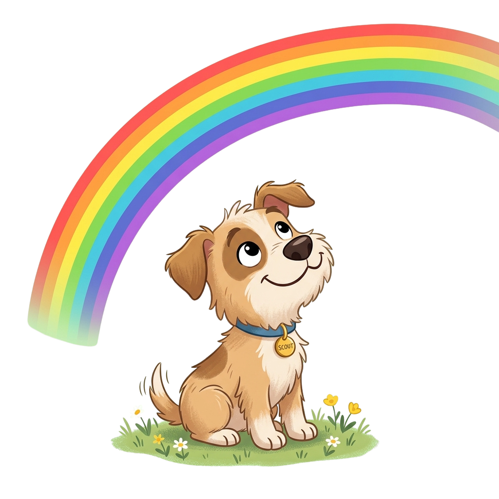 A cheerful cartoon dog sitting on grass under a rainbow with a tag on its collar