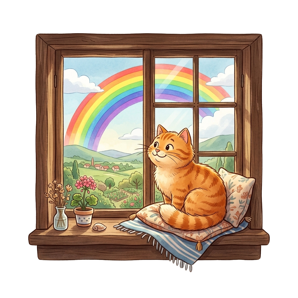 Orange cat sitting on a windowsill looking out at a colorful landscape with two rainbows in the sky