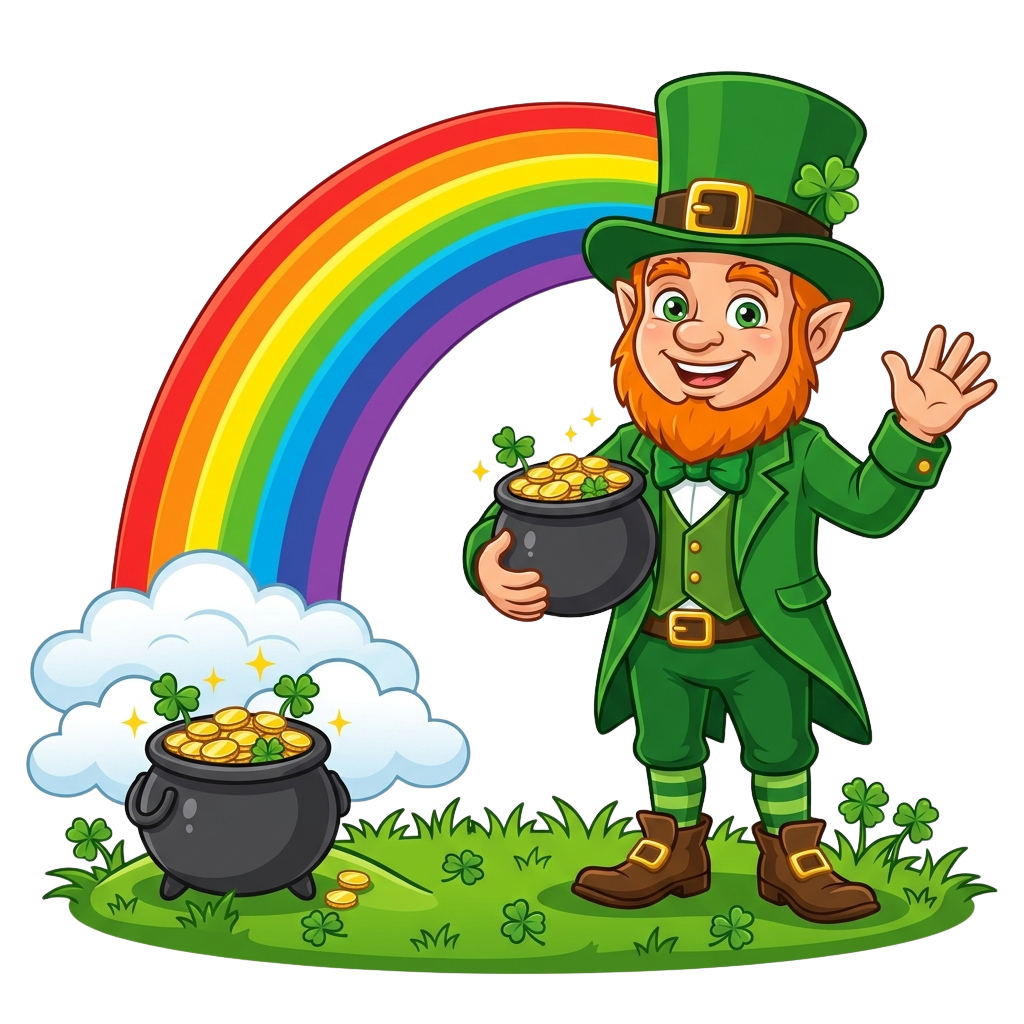 A cheerful leprechaun in green suit and hat waving, holding a pot of gold coins with a rainbow arching behind him.