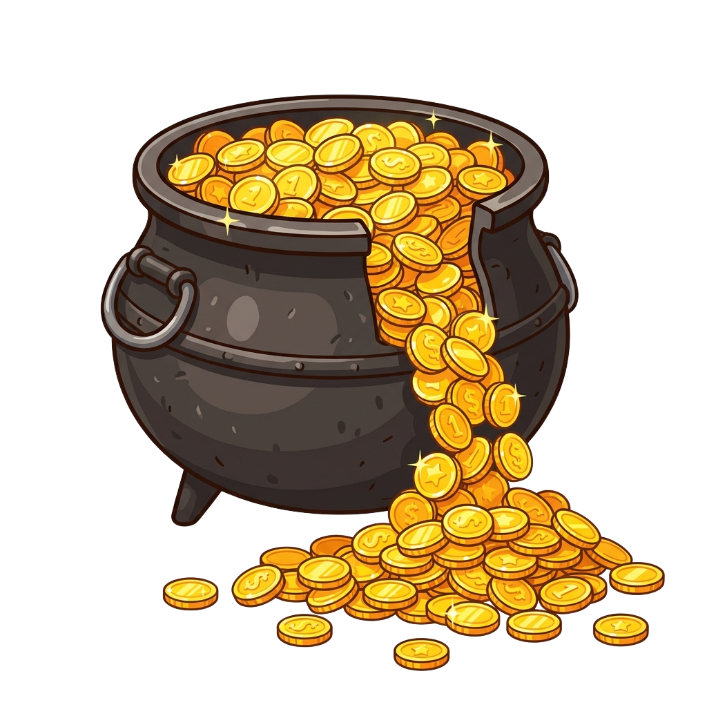 A black pot overflowing with golden coins spilling onto a dark background