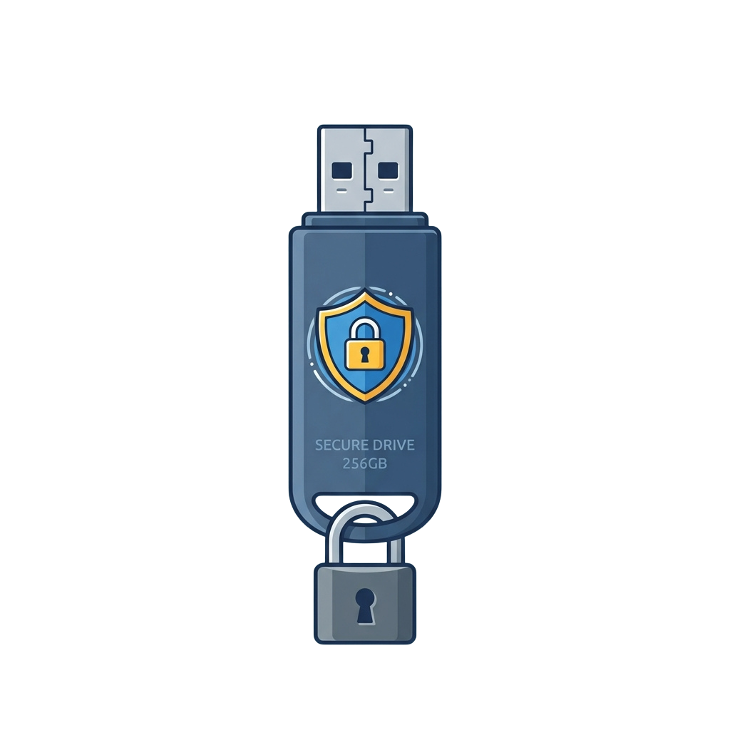 Illustration of a USB flash drive with a shield and lock symbol labeled Secure Drive 256GB