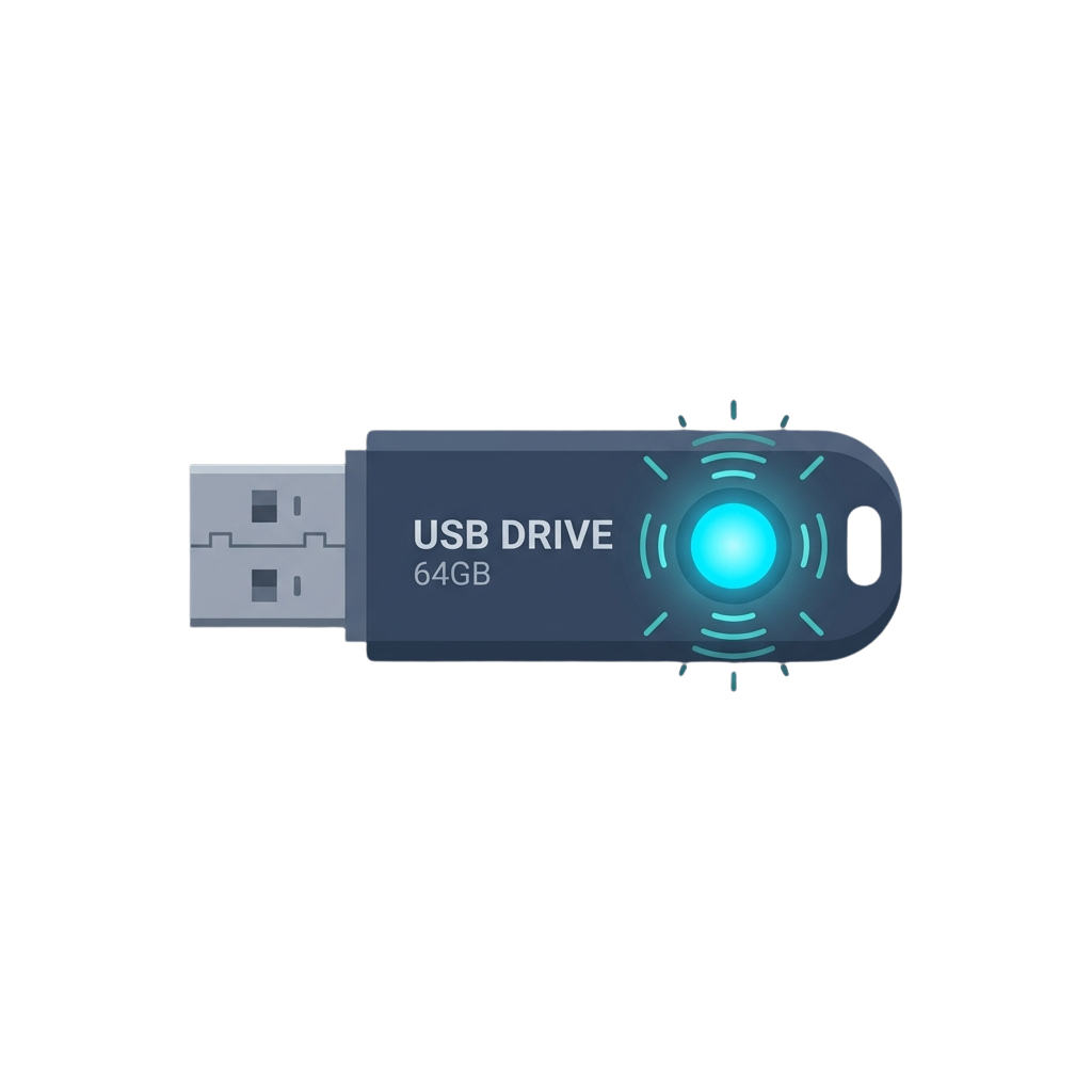 Illustration of a 64GB USB drive with wireless signal icon glowing on its surface