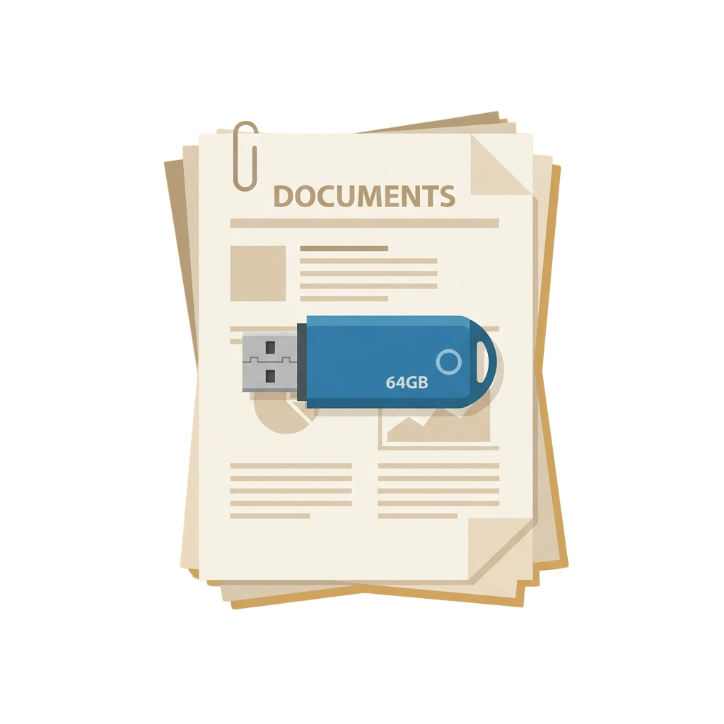 A blue USB flash drive labeled 64GB inserted into a stack of paper documents with the word documents written on top