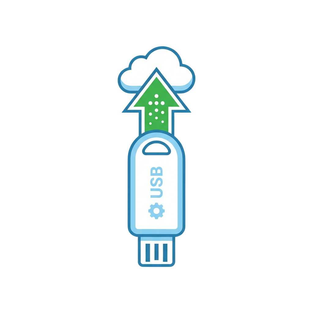 Illustration of a USB flash drive with an upward arrow and cloud symbol indicating cloud backup or data transfer.