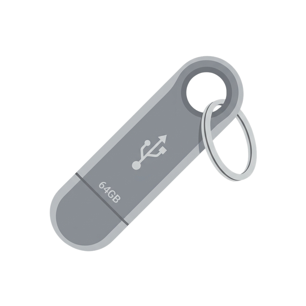 A 64GB USB flash drive attached to a keychain loop, shown against a black background