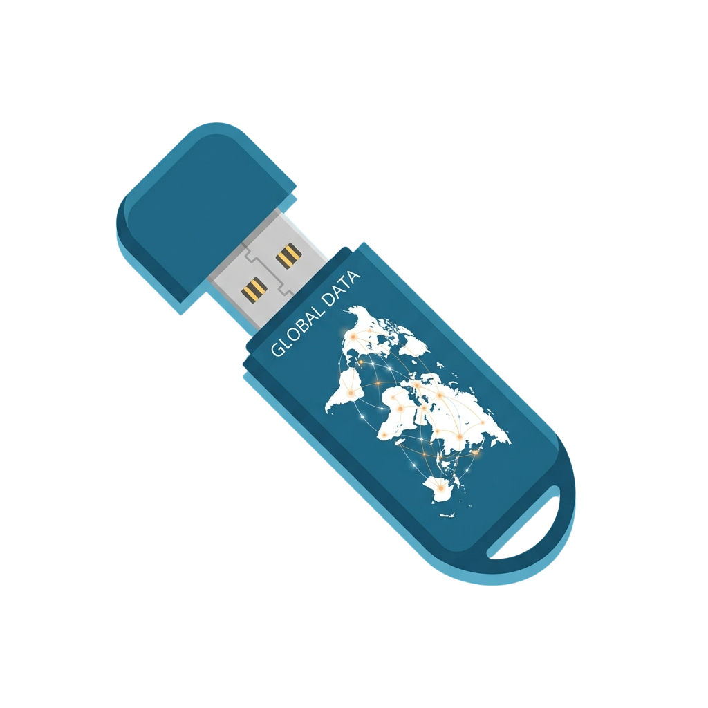 A blue USB flash drive featuring a world map graphic and text reading Global Data
