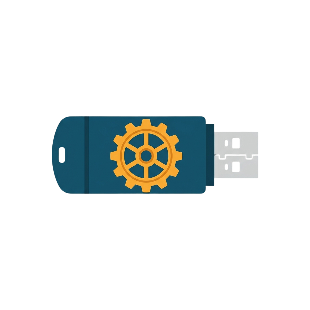 USB flash drive featuring a large orange gear graphic on a blue background